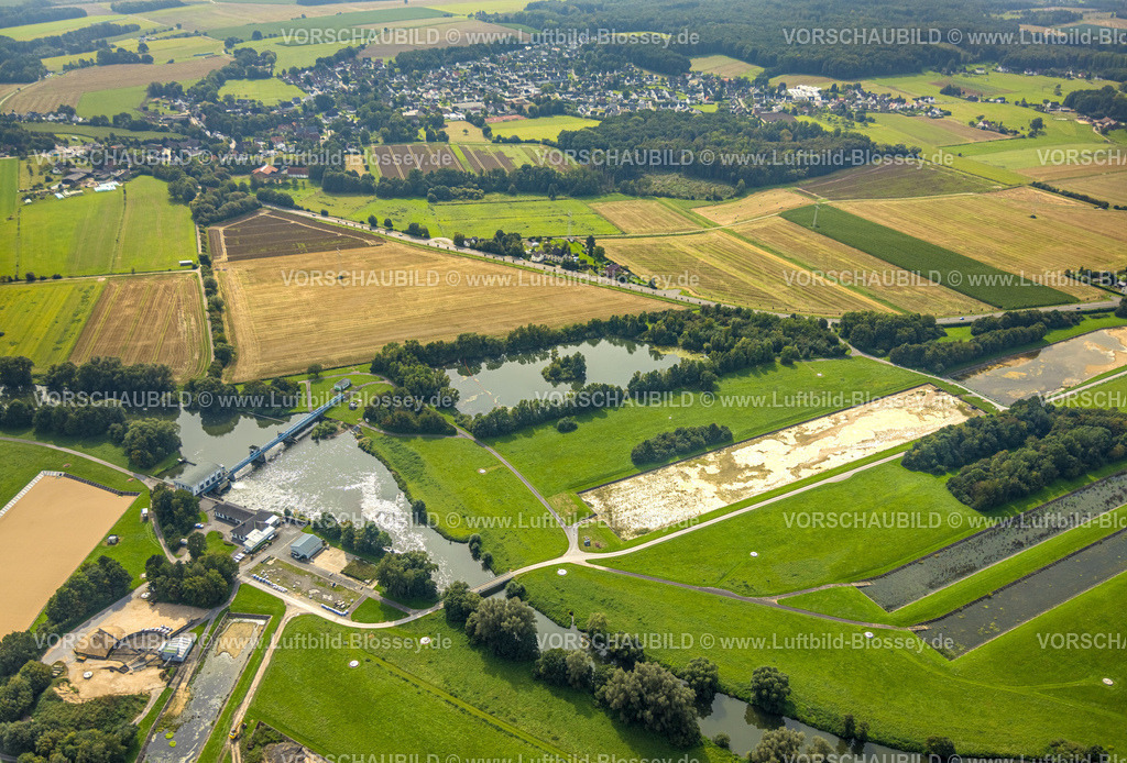 Froendenberg230902050 | Luftbild, Wasserkraftwerk Fröndenberg, Fluss Ruhr und Wiesen und Felder, Halingen, Menden, Ruhrgebiet, Nordrhein-Westfalen, Deutschland