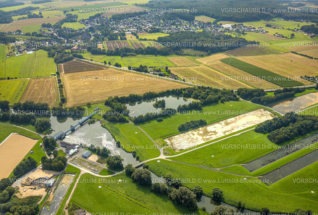 Froendenberg230902050 | Luftbild, Wasserkraftwerk Fröndenberg, Fluss Ruhr und Wiesen und Felder, Halingen, Menden, Ruhrgebiet, Nordrhein-Westfalen, Deutschland