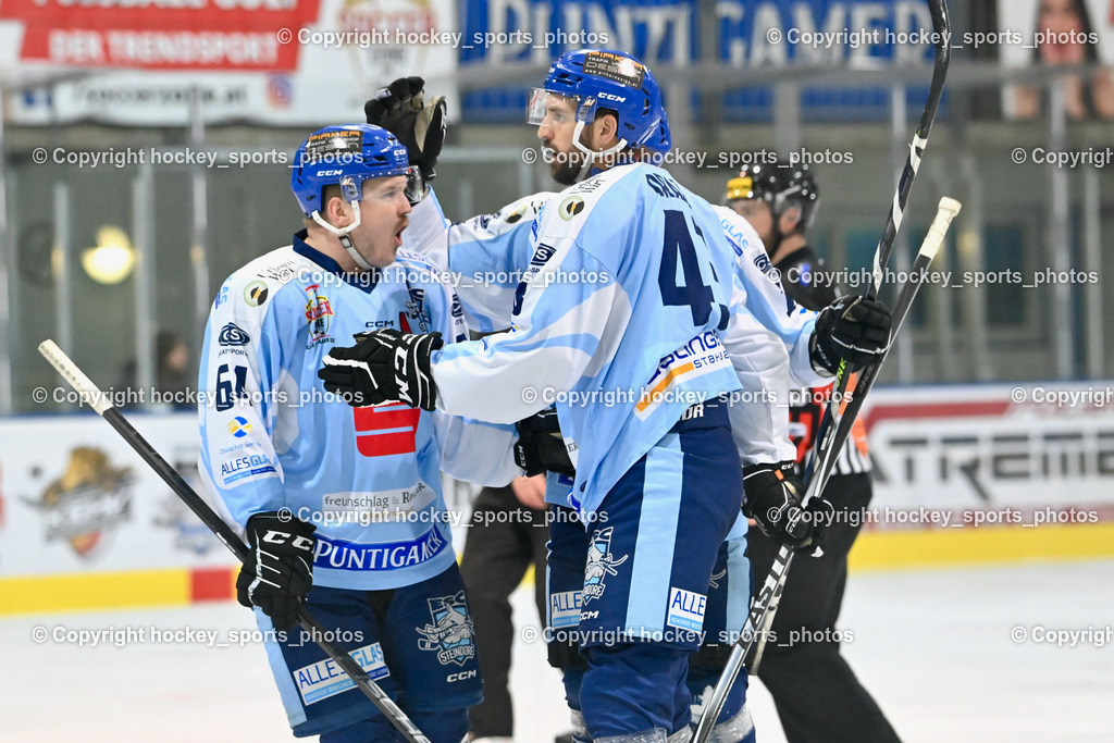 ESC Steindorf vs. HC Kufstein Dragons 25.2.2023 | Jubel ESC Steindorf Mannschaft, #64 Stichauner Fabian, #43 Oraze Martin