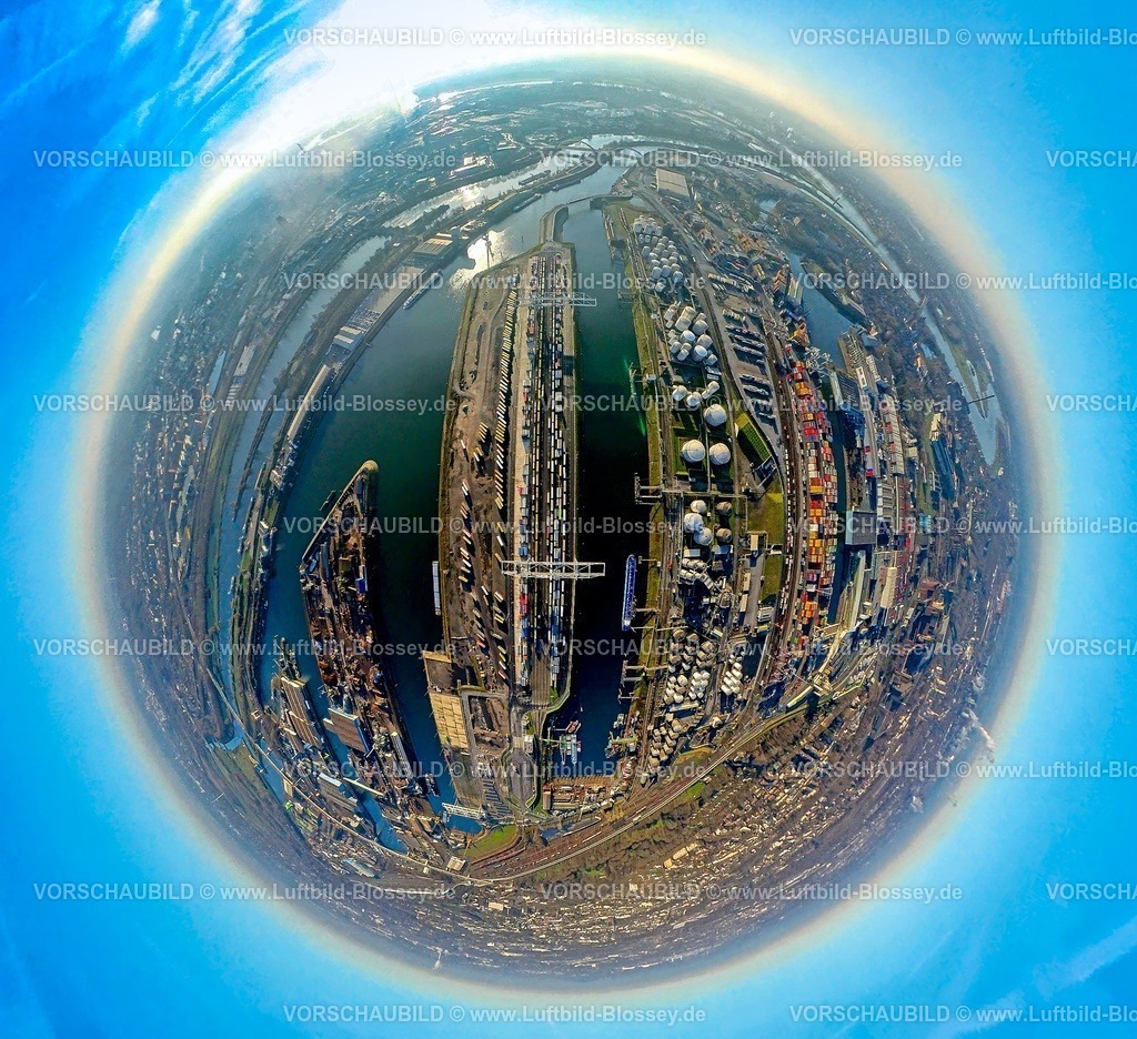 Duisburg241290126DuisportHafen_DGT_DuisburgGatewayTerminalTOPAZ | Luftbild, Duisburg Hafen duisport mit Duisburg Gateway Terminal (DGT) Containerterminal, zwischen Ölinsel und Schrottinsel, links die Karl-Lehr-Brücke über den Fluss Ruhr, rechts Berliner Brücke Autobahnbrücke der Autobahn A59, Erdkugel, Fisheye Aufnahme, Fischaugen Aufnahme, 360 Grad Aufnahme, tiny world, little planet, fisheye Bild, Ruhrort, Duisburg, Ruhrgebiet, Nordrhein-Westfalen, Deutschland