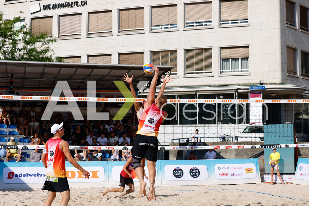 Obi BeachTour 2026 - Basel | BASEL, SWITZERLAND - JULY 17: MORITZ KINDL (AUT) attack / spike during the Obi BeachTour 2026 match between LEITNER / KINDL (AUT) and MASSEREY / SCHNEGG (SUI) at Barfüsserplatz on July 17, 2026 in Basel, Switzerland. - Realisiert mit Pictrs.com