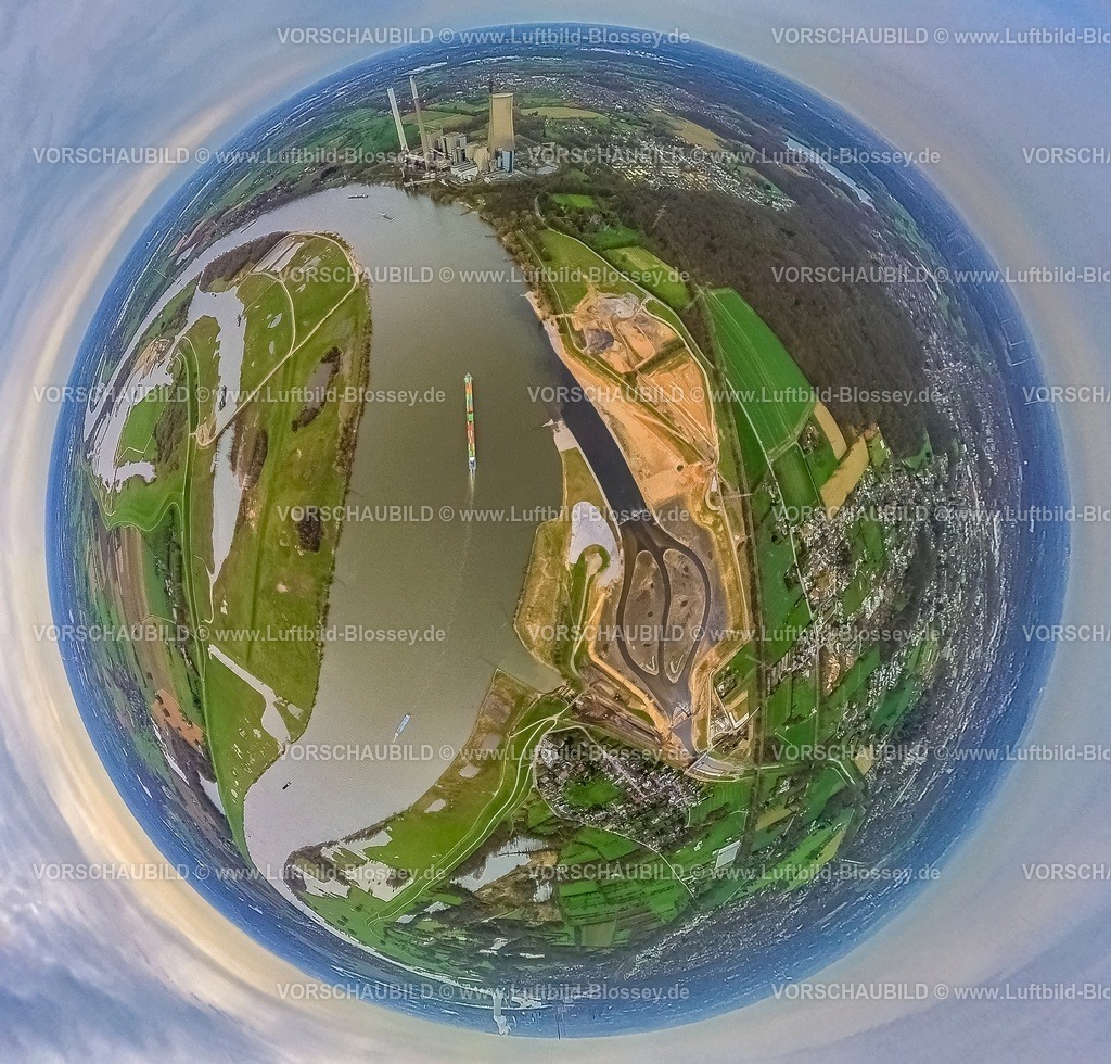Dinslaken230328_2neueEmschermuendung | Luftbild, Neue Emschermündung in den Fluss Rhein, Kraftwerk Voerde, Renaturierung der Emscher, Neugestaltung und Umlegung der Emschermündung, Erdkugel, Fisheye Aufnahme, Fischaugen Aufnahme, 360 Grad Aufnahme, Eppinghoven, Dinslaken, Ruhrgebiet, Nordrhein-Westfalen, Deutschland
