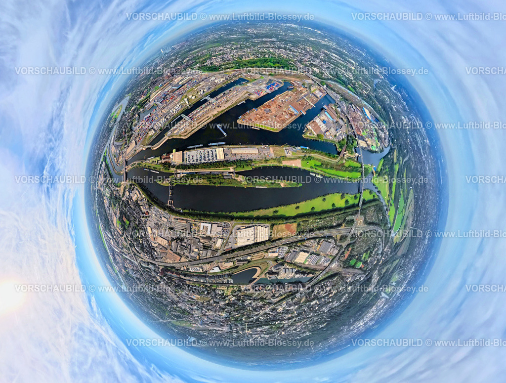 Duisburg250903949(1) | Luftbild, Hafen Duisburg-Ruhrort mit Ölinsel, Kohleninsel und Schrottinsel, Autobahn A59, Fluss Ruhr und Rhein-Herne-Kanal, Erdkugel, Fisheye Aufnahme, Fischaugen Aufnahme, 360 Grad Aufnahme, tiny world, little planet, fisheye Bild, Ruhrort, Duisburg, Ruhrgebiet, Nordrhein-Westfalen, Deutschland
