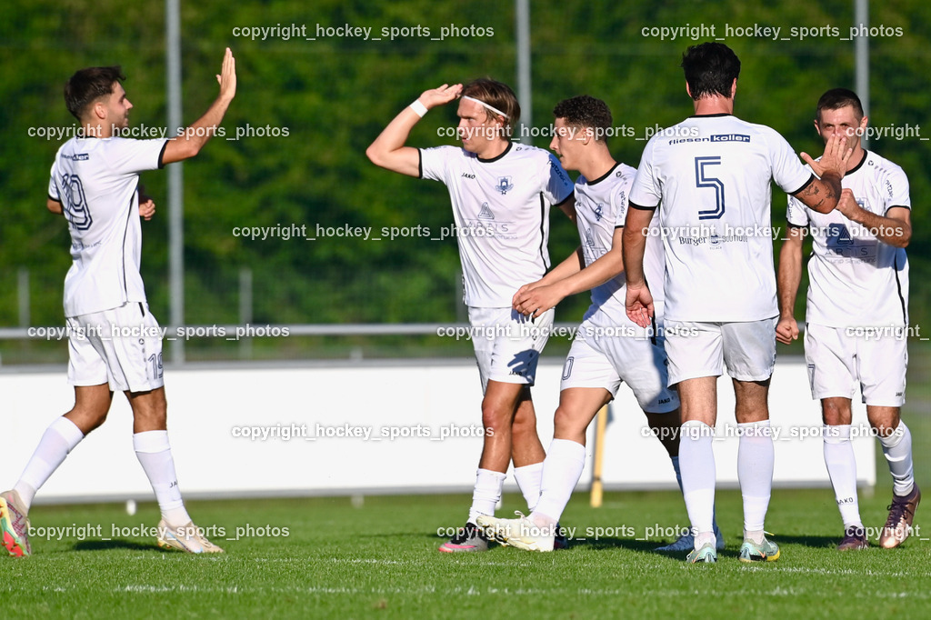 SC Landskron vs. ATUS Velden 11.8.2023 | Jubel ATUS Velden Mannschaft, #19 Martin Sertschnigg, #10 Lukas Lausegger, #20 Alessandro Kiko, #5 Roland Putsche, #7 Anel Mujkic