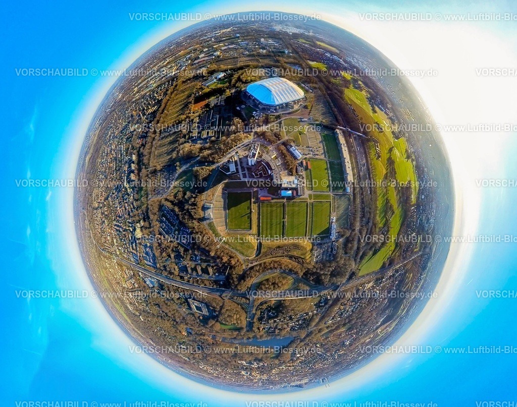Gelsenkirchen240190232Schalke | Luftbild, Bundesligastadion Veltins-Arena des FC Schalke 04, auch Arena AufSchalke Fußballstadion, geschlossenes Dach, Berger Feld mit Trainingsplätzen und Hotelanlagen, Erdkugel, Fisheye Aufnahme, Fischaugen Aufnahme, 360 Grad Aufnahme, tiny world, little planet, fisheye Bild, Erle, Gelsenkirchen, Ruhrgebiet, Nordrhein-Westfalen, Deutschland