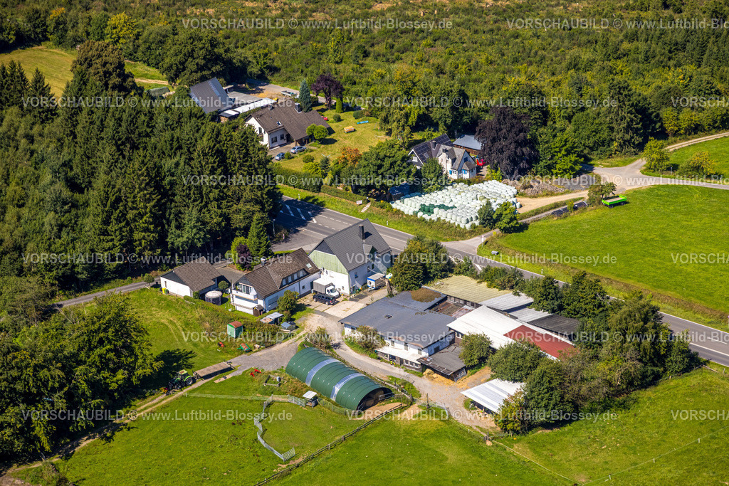 Olpe250809685Neuenwald | Luftbild, Landwirtschaftsbetrieb und Wohnsiedlung Neuenwald, Bundesstraße B55 Ecke Neuenwald, Oberveischede, Olpe, Sauerland, Nordrhein-Westfalen, Deutschland