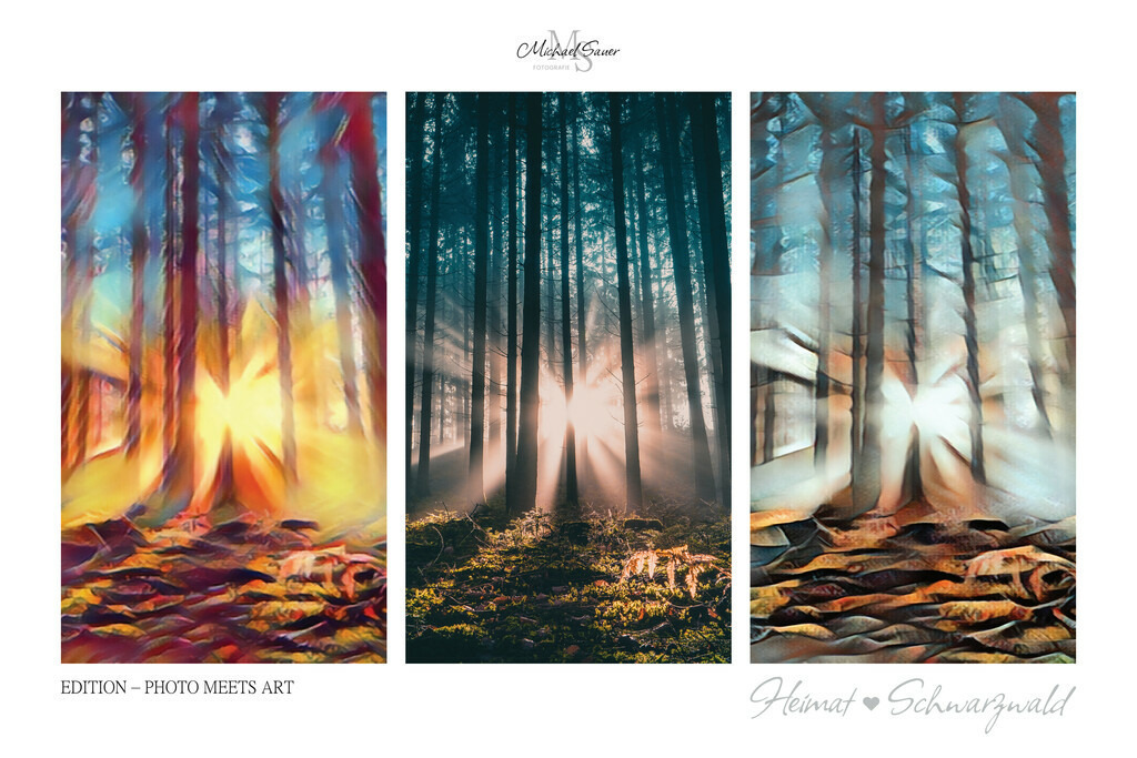 Edition “PHOTO MEETS ART” | Die Edition “PHOTO MEETS ART” ist eine außergewöhnliche Schwarzwald-Bildergalerie für alle Kunstliebhaber. Bei diesen Werken handelt es sich um exklusive Digitalkunst, bei denen mittels künstlicher Intelligenz neue Visualisierungen erschaffen wurden. Das Ergebnis ist eine 3er-Bild-Collage mit der realen Fotografie im Zentrum, flankiert von zwei unterschiedlichen Kunststilen. Natürlich ausschließlich mit Bildern aus dem Schwarzwald! - Realisiert mit Pictrs.com