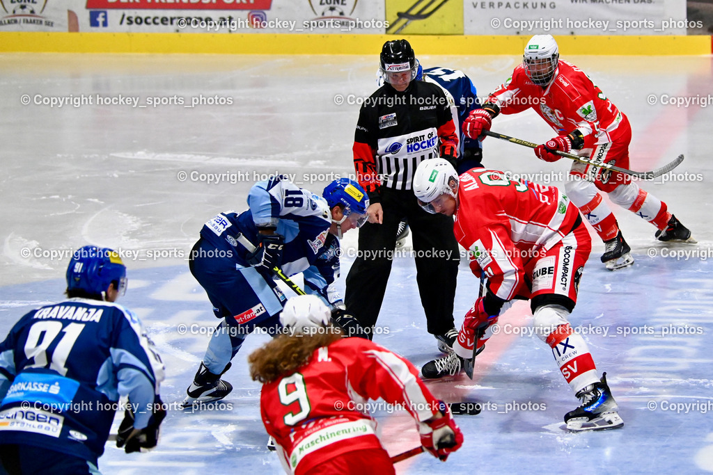 ESC Steindorf vs. ESV Ferlach | #18 Pewal Martin ESC Steindorf, #9 Steiner Markus ESV Ferlach, #91 Alagic Adis ESV Ferlach, WASSERMANN Michael Referee, #58 Florian Matthias ESV Ferlach, ESC Steindorf vs. ESV Ferlach, ESC Steindorf vs. ESV Ferlach am 19.10.2024 in Steindorf (Ossiachersee Halle), Austria, (Photo by Bernd Stefan)
