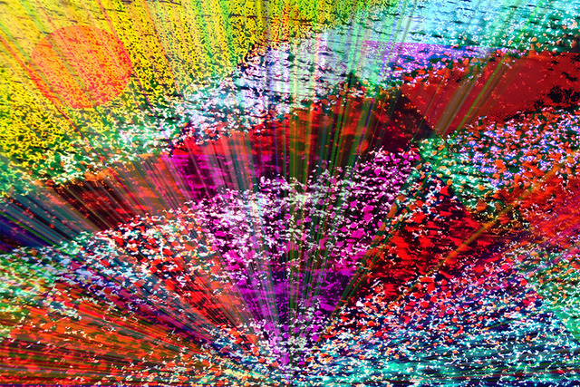 Awakening (Liminal Space Series) | In the Liminal Space series, the concept of a traditional landscape is dismantled and rebuilt into an imagined alien topography. The vivid colors drawn into abstraction create a mysterious mood that hovers on the edge of recognition. Organic shapes resembling the sun, trees and clouds, or fields and waters seen from above bleed into triangles, oval shapes, cubes and fractured rays of light. The viewer witnesses a beautiful fantasy world detached from, but possibly parallel to our own. This is a preview image. The original has a resolution of 10630 x 7087 px. - Realisiert mit Pictrs.com