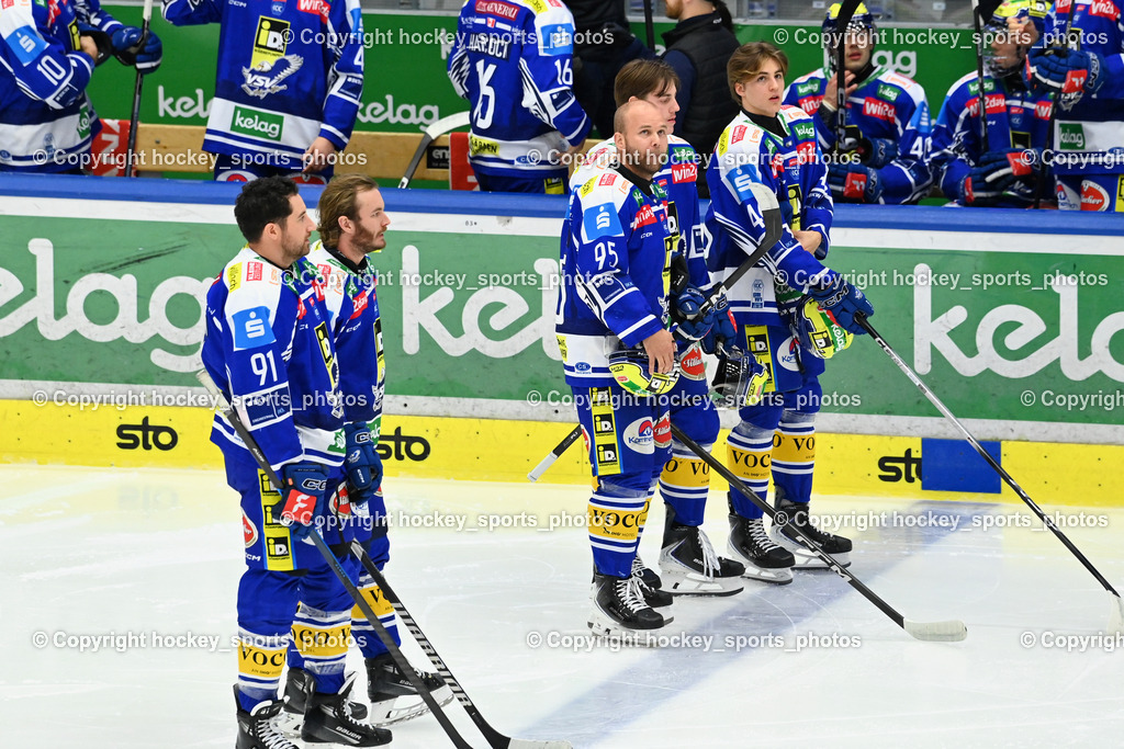 EC IDM WÄRMEPUMPEN VSV vs. FTC-TELEKOM JÉGKORONG | EC VSV starting six, #91 Nick Hutchison EC VSV, #9 Alexander Rauchenwald EC VSV, #95 Mark Katic EC VSV, #18 Nico Uschan EC VSV, #46 Paul Sintschnig EC VSV, EC IDM WÄRMEPUMPEN VSV vs. FTC-TELEKOM JÉGKORONG, EC IDM WÄRMEPUMPEN VSV vs. FTC-TELEKOM JÉGKORONG am 19.10.2025 in Villach (Stadthalle Villach), Austria, (Photo by Bernd Stefan)