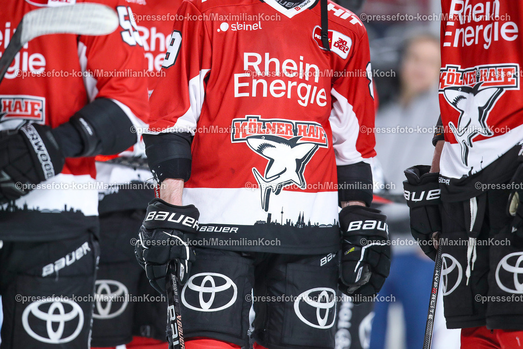 KoeDEL14032402110 | 14.03.2024, Köln, Eishockey, Penny DEL, Pre-Playoffs Spieltag 3, Lanxess-Arena, Kölner Haie - ERC Ingolstadt: Themenbild Symbolfoto Trickot Logo