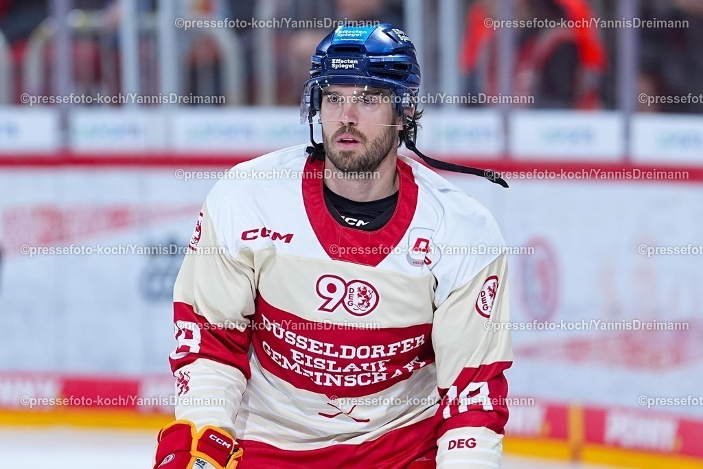 xYDR12102501042 | 12.10.2025, xydrx, Eishockey, DEL2, Düsseldorfer EG - Eispiraten Crimmitschau, PSD Bank Dome Düsseldorf: Michael Clarke (Düsseldorfer EG #18)