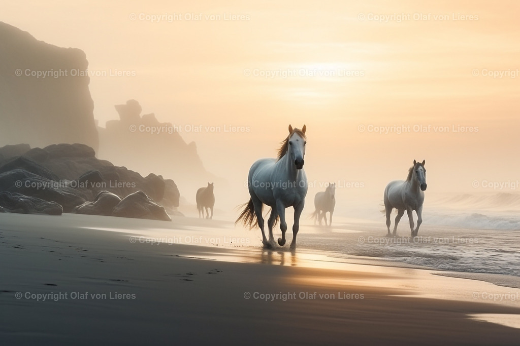 wilde Pferde am Strand | laufende wilde Pferde am Wasser