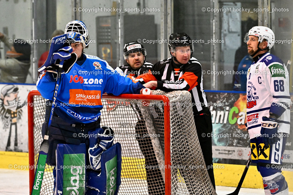 ESC Sparkasse STEINDORF vs. UECR Huben | #70 Moser Lukas ESC Steindorf, BULOVEC Miha Referee, WIDMANN Florian Referee, #68 Unterlercher Martin UECR EISBÄREN HUBEN, ESC Sparkasse STEINDORF vs. UECR Huben, ESC Sparkasse STEINDORF vs. UECR Huben am 30.01.2026 in Steindorf (Ossiachersee Halle), Austria, (Photo by Bernd Stefan)