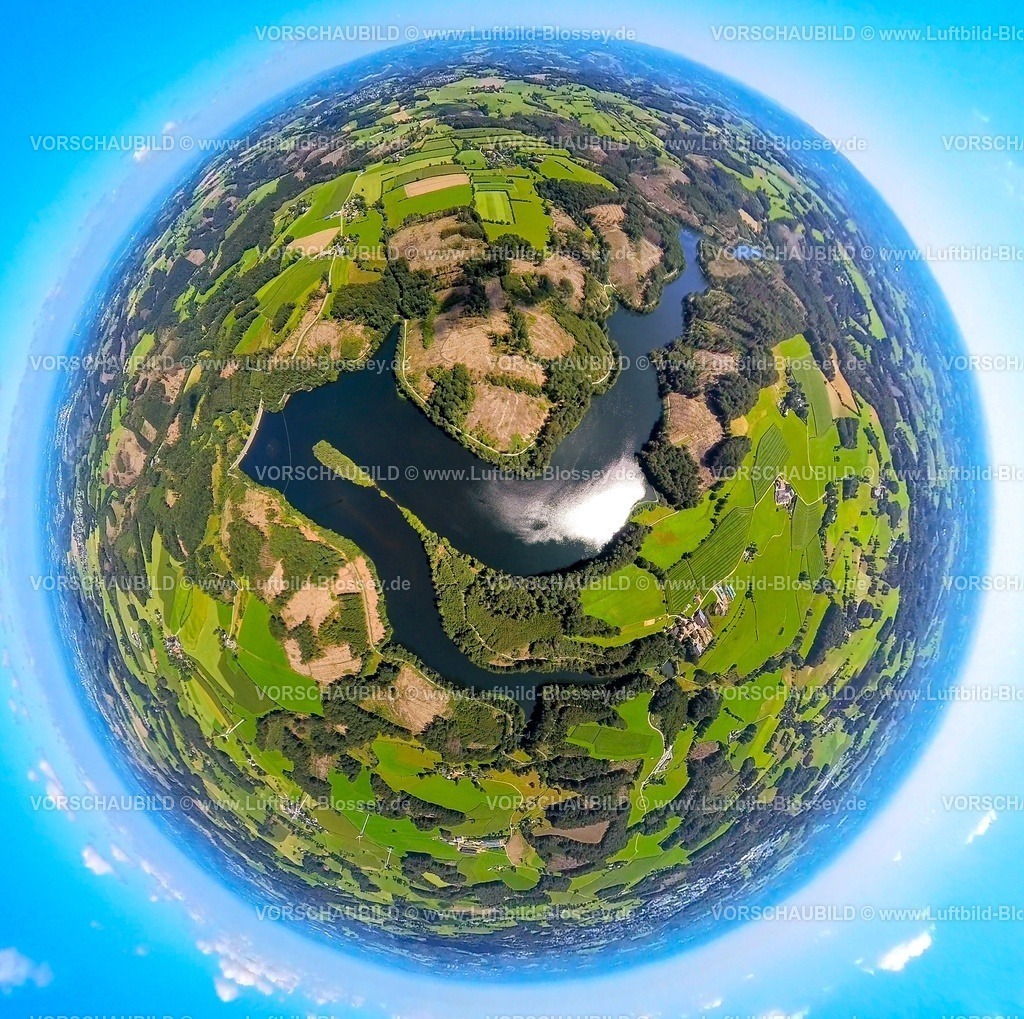 Ennepetal230890026 Ennepetalsperre | Luftbild, Ennepetalsperre, mit Staumauer, Wiesen und Felder, Erdkugel, Fisheye Aufnahme, Fischaugen Aufnahme, 360 Grad Aufnahme, Boßel, Breckerfeld, Ruhrgebiet, Nordrhein-Westfalen, Deutschland