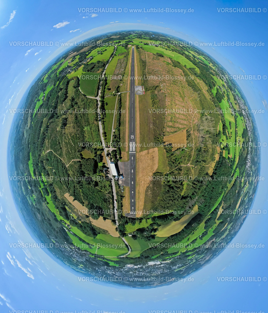 Meinerzhagen250812222-2 | Luftbild, Flugplatz Meinerzhagen mit Startbahn und Landebahn, Marienheider Straße Landesstraße L306, Erdkugel, Fisheye Aufnahme, Fischaugen Aufnahme, 360 Grad Aufnahme, tiny world, little planet, fisheye Bild, Kierspe, Sauerland, Nordrhein-Westfalen, Deutschland