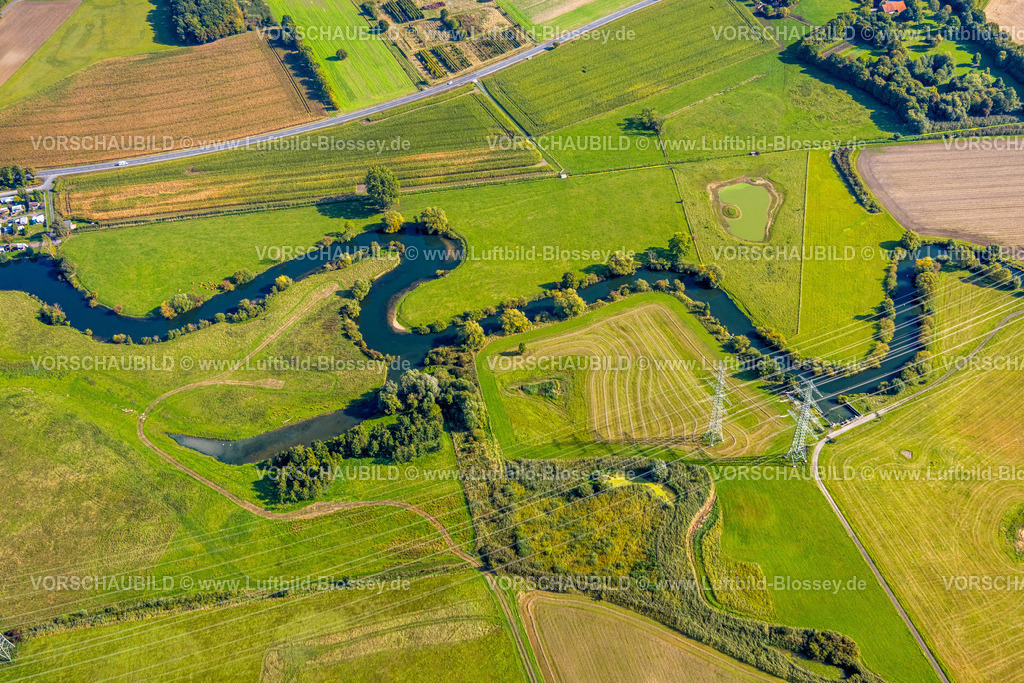 Hamm250900837 | Luftbild, Fluss Lippe Flussmäander Auenlandschaft Schmehauser Mersch, Wiesen und Felder, Uentrop, Hamm, Ruhrgebiet, Nordrhein-Westfalen, Deutschland