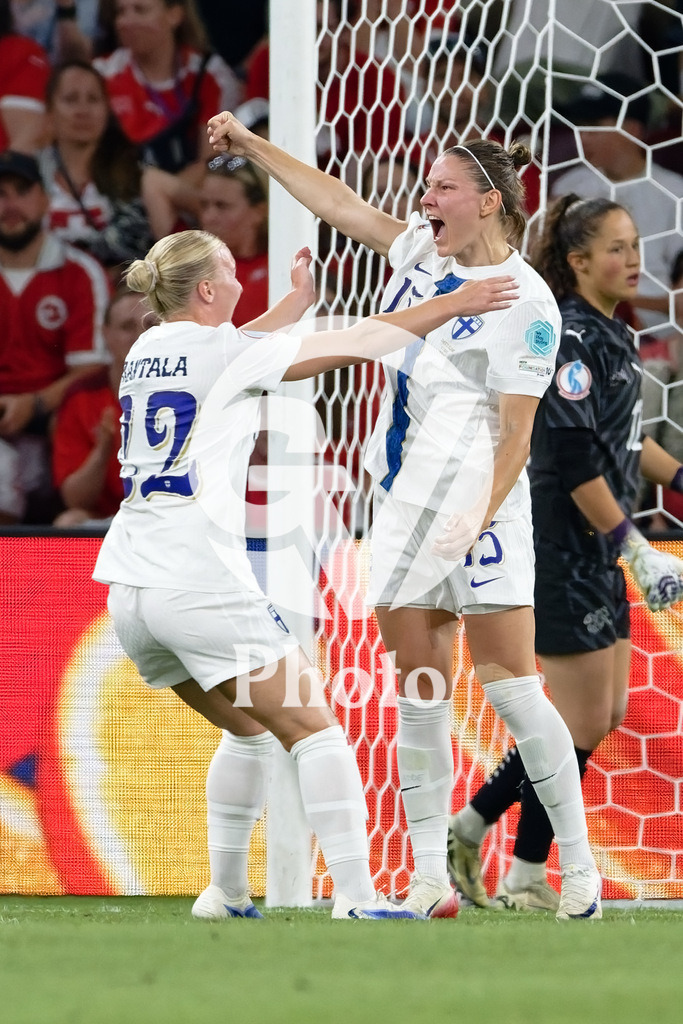 Finland v Switzerland: UEFA Women's EURO 2025 Group A | GENEVA, SWITZERLAND - JULY 10: Natalia Kuikka of Finland (R) celebrates after scoring her team's first goal with teammates Jutta Rantala of Finland (L) during the UEFA Women's EURO 2025 Group A match between Finland and Switzerland at Stade de Geneve on July 10, 2025 in Geneva, Switzerland. (Photo by Giuseppe Velletri/Sports Press Photo/Getty Images)