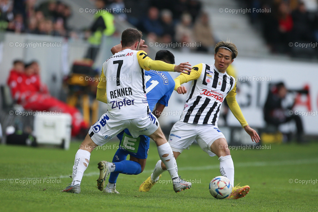 A_LUI_20230409_0030 | SPORT FUSSBALL ADMIRAL BUNDESLIGA 2022/23 LASK VS STURM GRAZ
IM BILD: Keith Nakamura (Lask), Rene Renner (Lask), Manprit Sarkaria (Sturm),
FOTO:FOTOLUI/UW