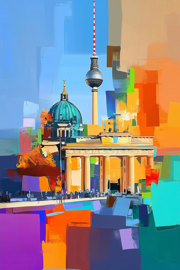 2504020 - Hauptstadtfarben | Abstraktes Stadtbild von Berlin – farbenfrohe Darstellung mit Fernsehturm und Berliner Dom. Kunst für Liebhaber urbaner Motive im modernen Stil.