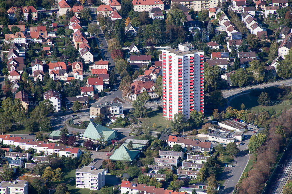 Luftbild: Hochhaus- Gebäude im Wohngebiet Carl-Bosch-Ring und Lutherkirche (Pfalz) in Frankenthal im Bundesland Rheinland-Pfalz in Deutschland. Foto: IMG_21885.jpg vom 09.10.2009 durch Werner Riehm/FLY-FOTO.de
