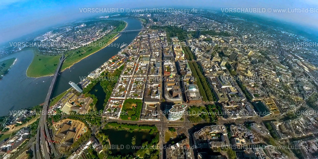Duesseldorf240590073Friedrichstadt_Koenigsallee_Koe | Luftbild, Düsseldorfer Altstadt am Fluss Rhein, Oberkasseler Brücke und Rheinkniebrücke,Friedrichstadt mit Heinrich-Heine-Allee und Königsallee mit Baumallee, Erdkugel, Fisheye Aufnahme, Fischaugen Aufnahme, 360 Grad Aufnahme, tiny world, little planet, fisheye Bild, Stadtmitte, Düsseldorf, Nordrhein-Westfalen, Deutschland
