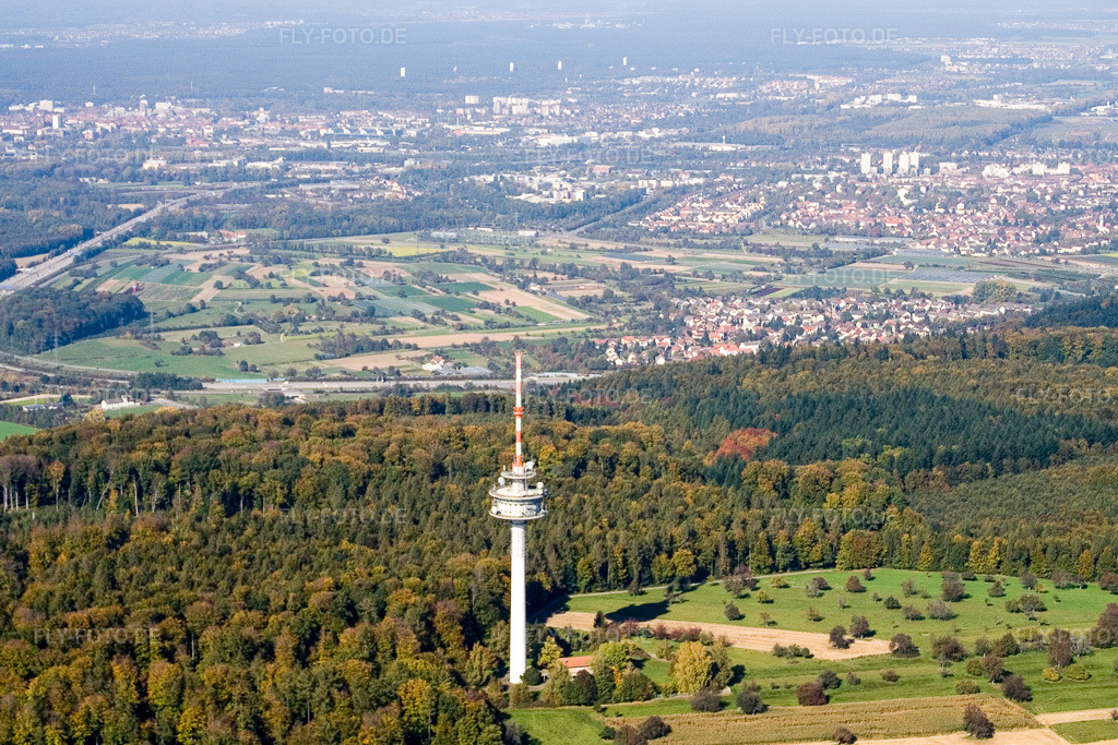 Luftbild: Fernemldeturm im Ortsteil Grünwettersbach in Karlsruhe im Bundesland Baden-Württemberg in Deutschland. Foto: IMG_8640.jpg vom 14.10.2007 durch Werner Riehm/FLY-FOTO.de