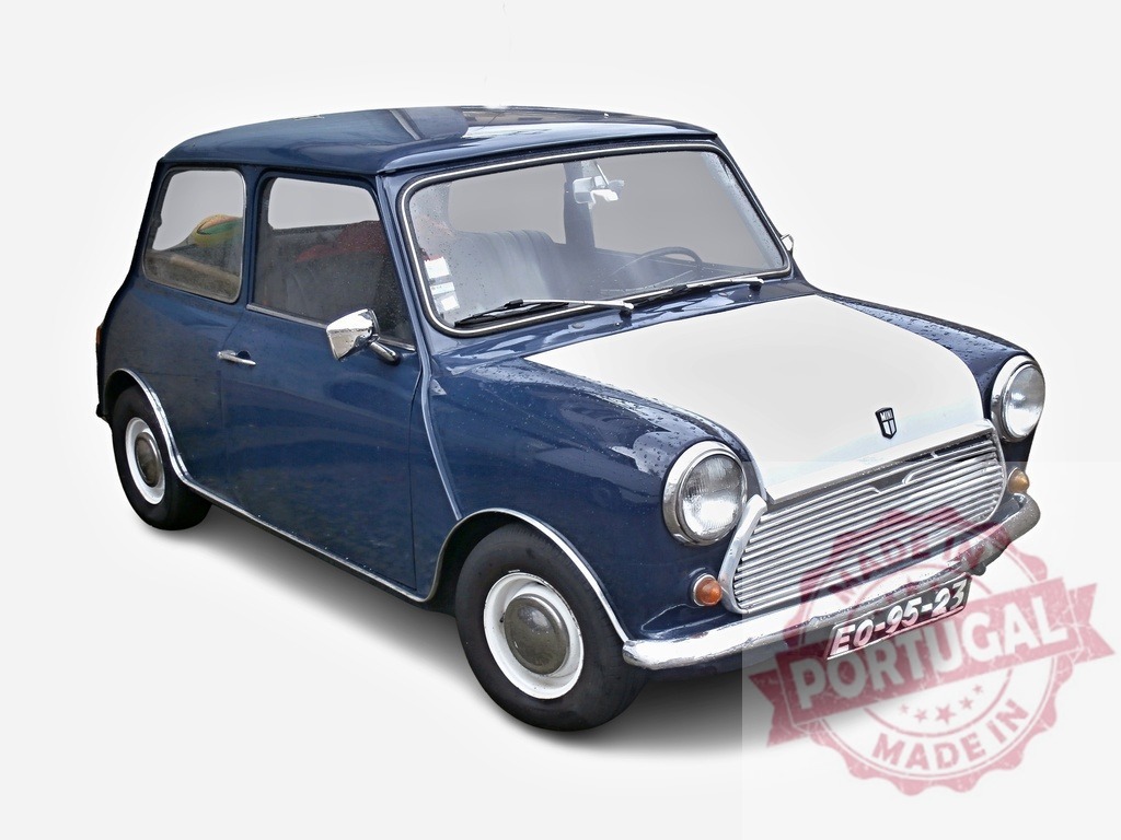 Classic Austin Mini Cooper S parking on white background | Vintage Austin Mini Cooper S with a two-tone paint job parked against a white backdrop, showcasing its iconic design - Realisiert mit Pictrs.com