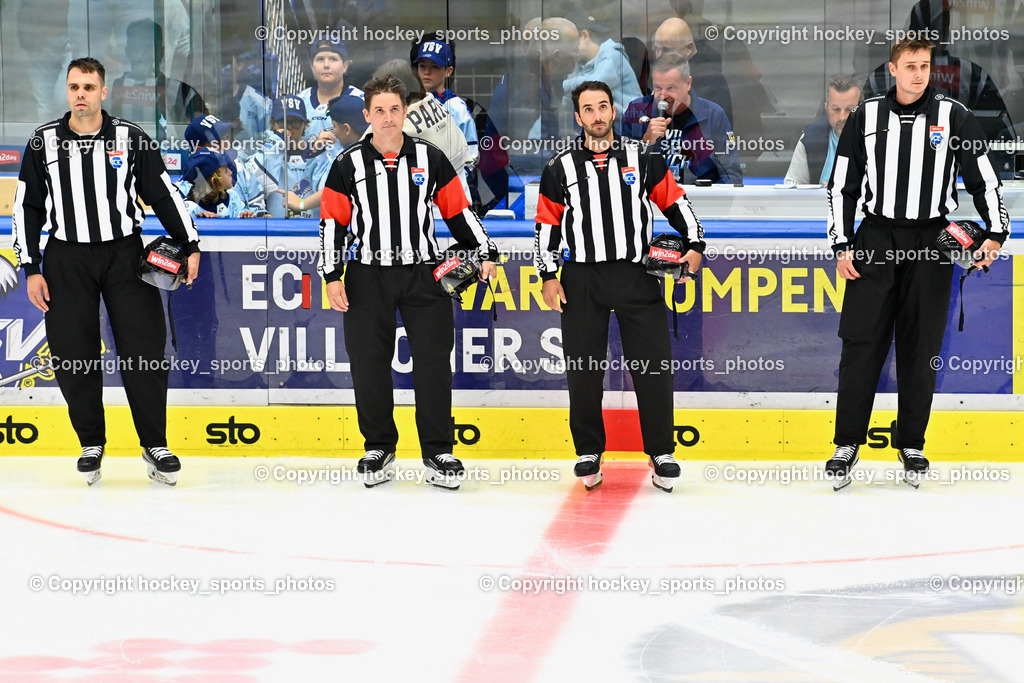 EC IDM Wärmepumpen VSV vs. HC Bozen 19.9.2023 | Konc Daniel, Piragic Trpimir, Sternat Christoph, Drums Oto, Referees, win2day icehockeyleague, EC IDM Wärmepumpen - HC Bozen  am 19.09.2023 in Villach (Stadhalle Villach), Austria, (Photo by Bernd Stefan)