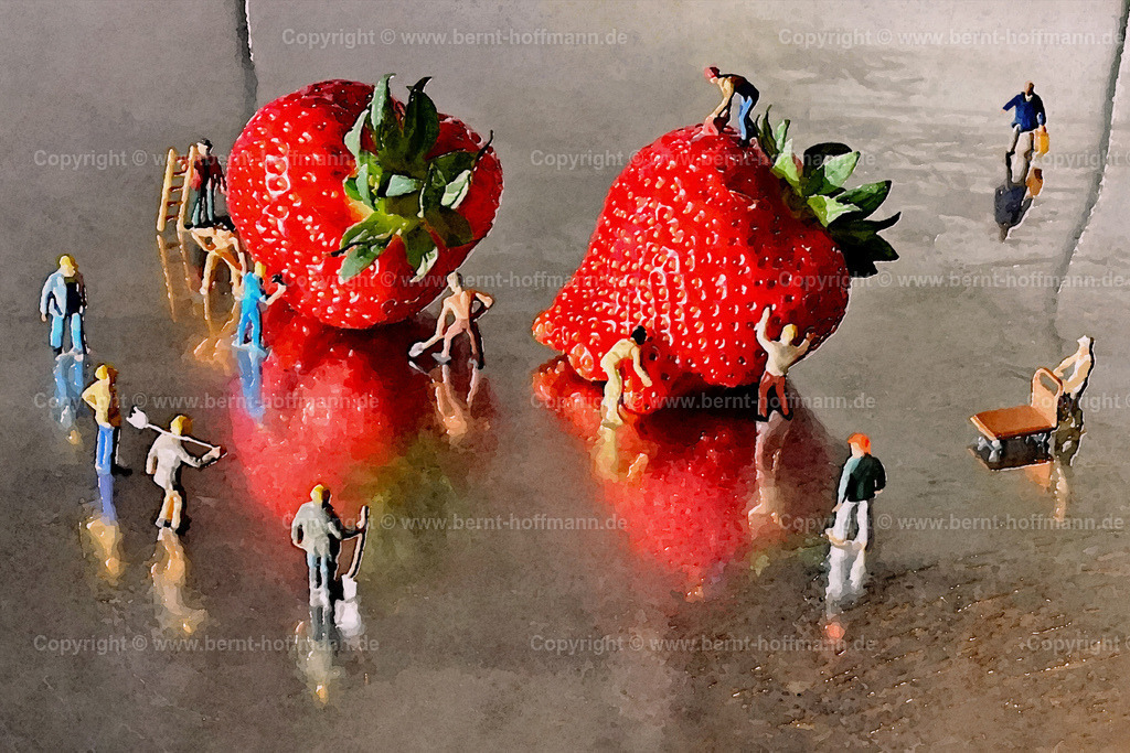 PDM2-TT_2396_Erdbeeren_150x100 | DIGITALKUNST. __ «Kleine Welt» ... Genfood? -1- __ Reife Erdbeeren liegen auf der Edelstahl-Arbeitsplatte einer Küche. __ Menschen nachempfundene Figuren der «H0-Grösse» aus dem Bereich einer Modelleisenbahn arbeiten scheinbar an diesen Sommerfrüchten. Die überdimensionale Grösse der Erdbeeren verweist dabei augenzwinkernd auf die Kritik an «Genfood» - also genetisch veränderter Lebensmittel.  - Realisiert mit Pictrs.com