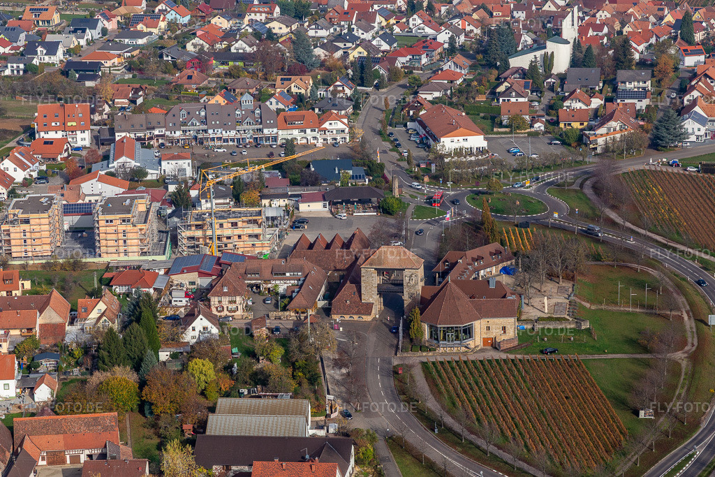 Luftbild: Deutsches Weintor im Ortsteil Schweigen in Schweigen-Rechtenbach im Bundesland Rheinland-Pfalz in Deutschland. Foto: IMG_123807.jpg vom 07.11.2020 durch Werner Riehm/FLY-FOTO.de