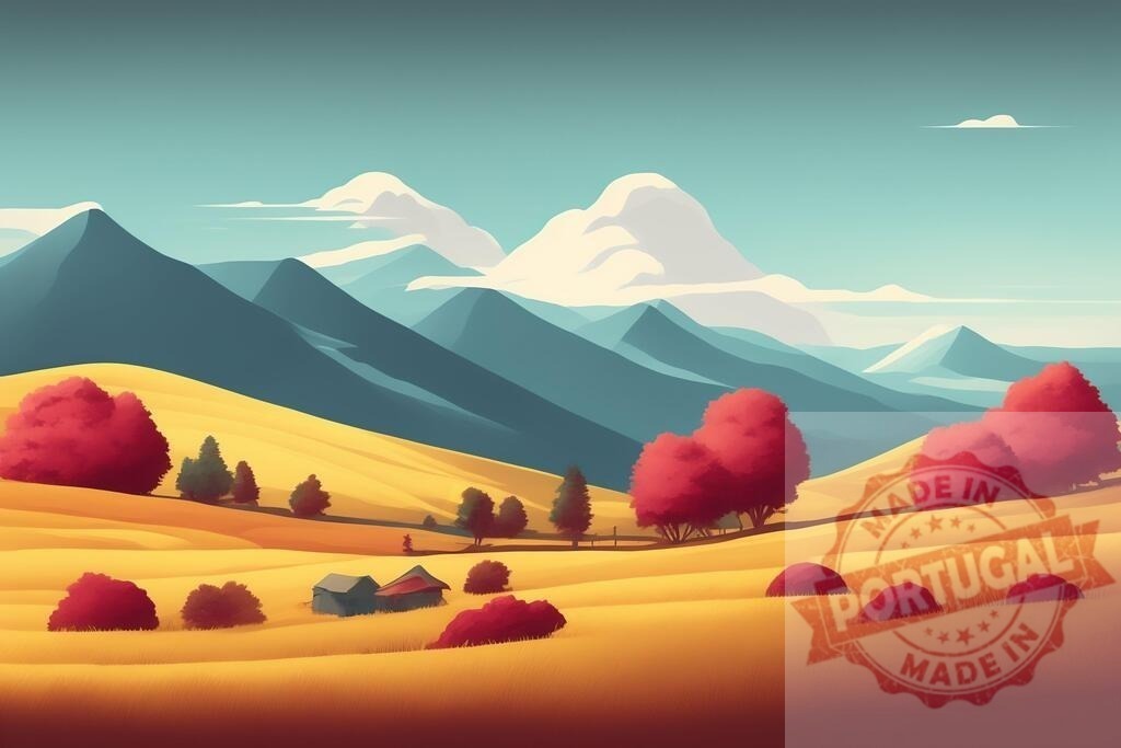 Autumn landscape with hills, mountains, and red trees | Rolling hills displaying vibrant autumn foliage with distant mountains under a blue sky - Realisiert mit Pictrs.com