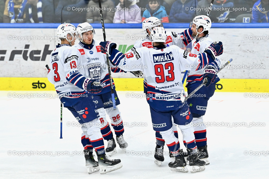 EC IDM Wärmepumpen VSV vs. Hydro Fehervar AV19  | #5 Stipsicz Bence HYDRO FEHERVAR, #7 Stajnoch Martin HYDRO FEHERVAR, Jubel Hydro Fehervar AV19 Mannschaft, #93 Mihaly Akos HYDRO FEHERVAR, #13 Nemeth Kristof HYDRO FEHERVAR, #26 Kulmala Rasmus HYDRO FEHERVAR, EC IDM Wärmepumpen VSV vs. Hydro Fehervar AV19 , EC IDM Wärmepumpen VSV vs. Hydro Fehervar AV19  am 01.01.2025 in Villach (Stadthalle Villach), Austria, (Photo by Bernd Stefan)