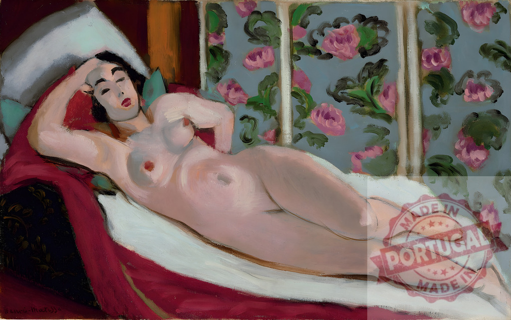 Sensual reclining nude woman in artistic Fauvist interior. Henri Matisse | Expressive painting of a reclining nude woman with pink tones and floral background - Realisiert mit Pictrs.com