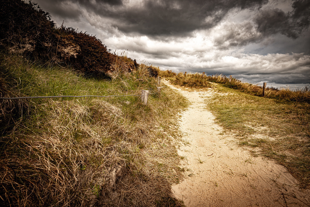 Wunderschöner natürlicher Sandpfad in der Dünenlandschaft,Sylt | Dieses Bild zeigt eine wunderschöne, naturbelassene Dünenlandschaft mit einem geschwungenen Sandpfad, der typisch für die Nordseeküste ist. Details zur LandschaftVegetation: Der Weg ist von typischem Dünengras (Heidekraut und Strandhafer) gesäumt.Vordergrund: Auf der rechten Seite ist ein alter Holzpfahl mit einem verrosteten Draht zu sehen.Atmosphäre: Der bewölkte, dramatische Himmel verleiht der Szene eine weite und windige Küstenstimmung. - Realisiert mit Pictrs.com