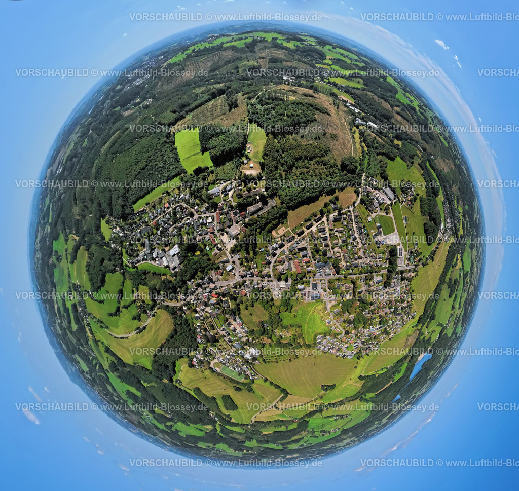 Kierspe250813307 | Luftbild, Wohngebiet Ortsansicht Ortsteil Rönsahl, Erdkugel, Fisheye Aufnahme, Fischaugen Aufnahme, 360 Grad Aufnahme, tiny world, little planet, fisheye Bild, Rönsahl, Kierspe, Sauerland, Nordrhein-Westfalen, Deutschland
