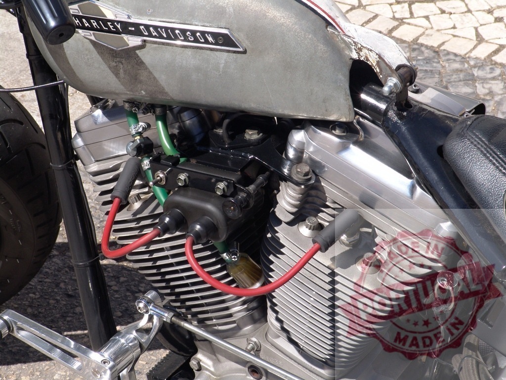 Harley-Davidson V-twin engine and fuel tank | Harley-Davidson motorcycle engine showing detail of a V-twin motor, tank, and spark plug wires - Realized with Pictrs.com