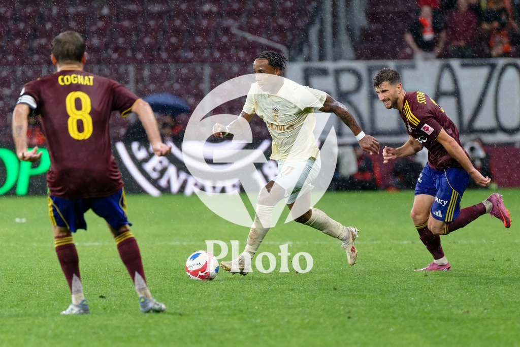 UEFA Conference League Play-offs 2nd leg - Servette FC v FC Shakhtar Donetsk | Timothe Cognat (8 Servette FC) Kevin (11 FC Shakhtar Donetsk) and Miroslav Stevanovic (9 Servette FC) battle for the ball (duel)  during the UEFA Conference League Play-offs 2nd leg match between Servette FC and FC Shakhtar Donetsk at Stade de Geneve in Geneva, Switzerland