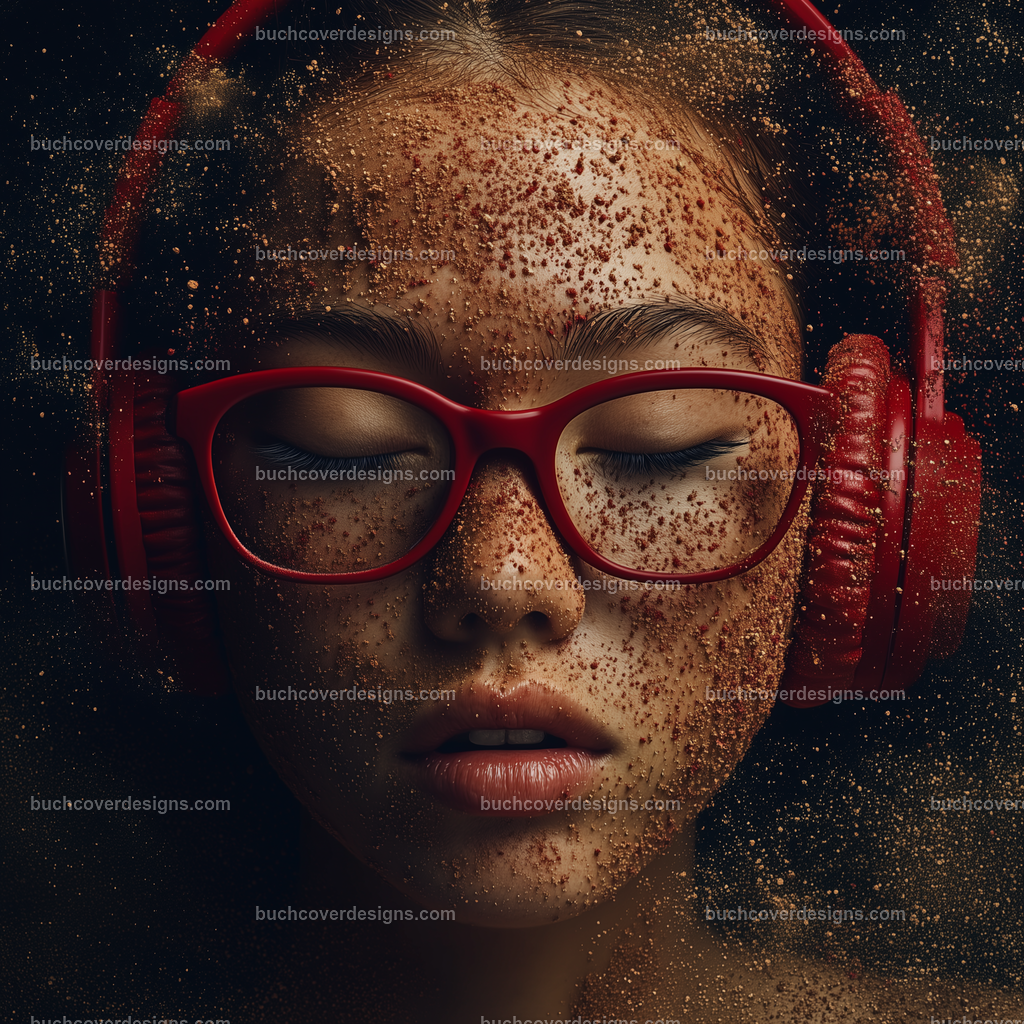 Gesicht einer Frau mit Kopfhörer (184) | woman face with sand freckles ,yellow hair spread over the surface of the image, with a red headphone - studio light - vivid colors - high detail - realistic - photo - front view --chaos 55 --stylize 300 --weird 1700 --v 6.1 Job ID: 66fddb03-4bc3-49f5-abc9-c2bf5f9264d1