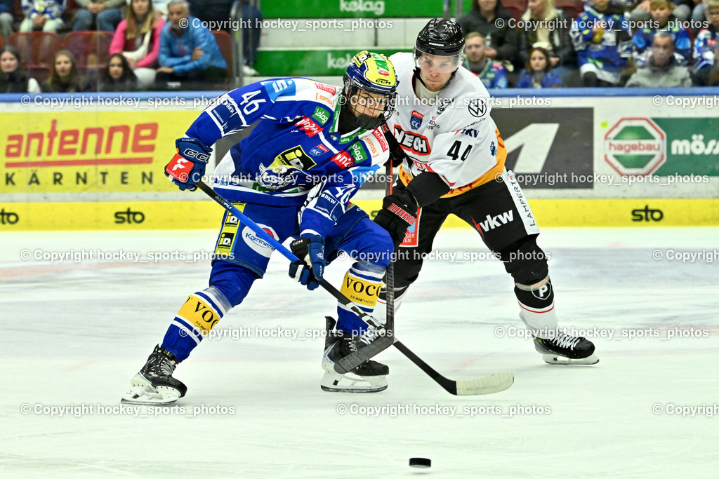 EC IDM Wärmepumpen VSV vs. Pioneers Vorarlberg | #44 Julius Reini Pioneers Vorarlberg, #46 Paul Sintschnig EC VSV, EC IDM Wärmepumpen VSV vs. Pioneers Vorarlberg, EC IDM WÄRMEPUMPEN VSV vs. Pioneers Vorarlberg am 03.10.2025 in Villach (Stadthalle Villach), Austria, (Photo by Bernd Stefan)