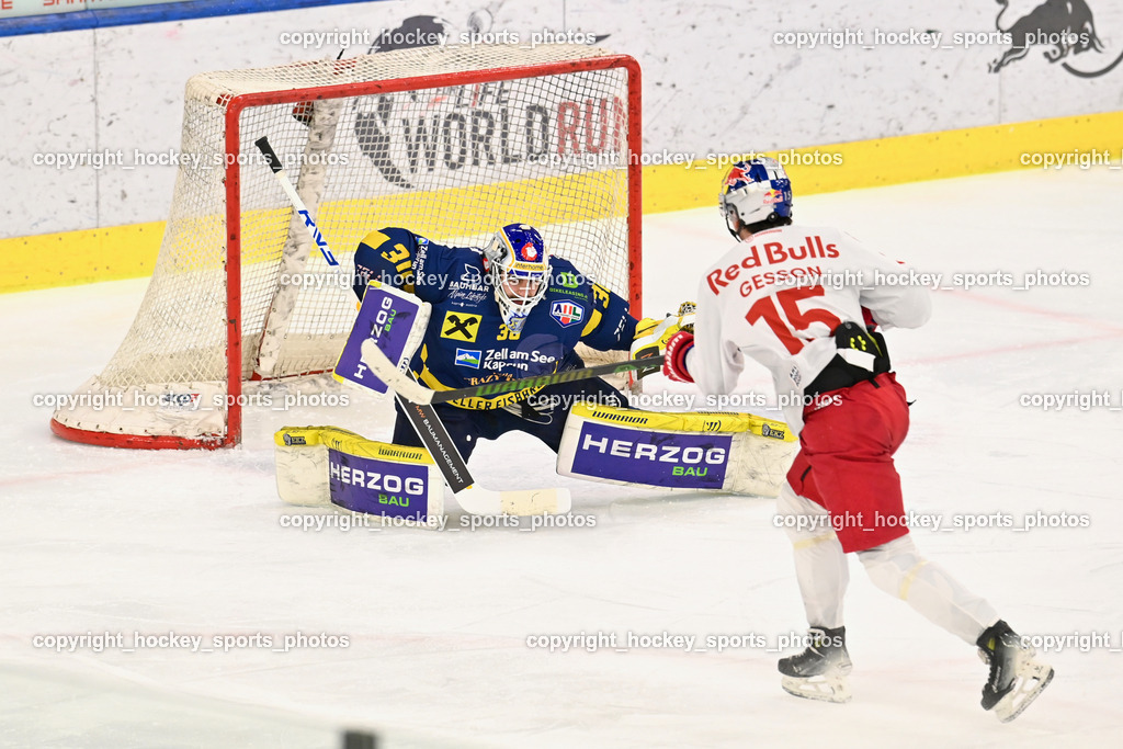 RED BULL HOCKEY JUNIORS vs. EK DIE ZELLER EISBÄREN | #30 Zimmermann Max EK DIE ZELLER EISBÄREN, #15 Gesson Adrian RED BULL HOCKEY JUNIORS, RED BULL HOCKEY JUNIORS vs. EK DIE ZELLER EISBÄREN, RED BULL HOCKEY JUNIORS vs. EK DIE ZELLER EISBÄREN am 14.01.2025 in Salzburg (Eisarena Salzburg), Austria, (Photo by Bernd Stefan)