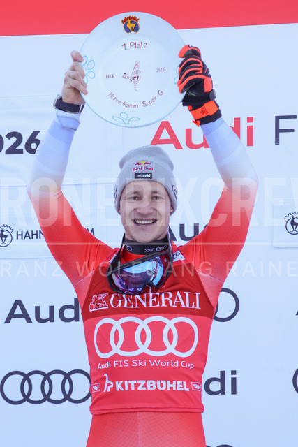Audi FIS Ski World Cup: Men’s Slalom – Hahnenkamm Race, Kitzbuehel | Kitzbuehel, Austria, 25.Jan.26 - Alpine Skiing - FIS World Cup, Hahnenkamm Race, Slalom, men. The image shows ODERMATT Marco (SUI, Stoeckli) first place with trophy.