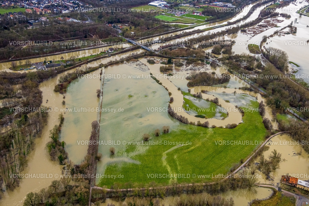 Hamm231201190 | Luftbild vom Hochwasser der Lippe, Weihnachtshochwasser 2023, Fluss Lippe tritt nach starken Regenfällen über die Ufer, Überschwemmungsgebiet Lippeaue Mühlengraben, Lippebrücke Fährstraße und Flussmäander, Stadtbezirk Heessen, Hamm, Ruhrgebiet, Nordrhein-Westfalen, Deutschland