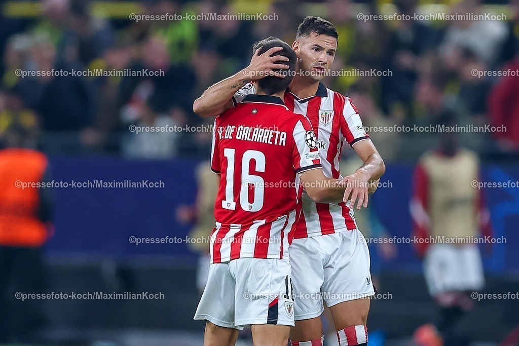 UCL01102501103 | 01.10.2025, Fußball, UEFA Champions League, Borussia Dortmund - Athletic Club Bilbao, BVB Stadion, 2. Spieltag, Saison 2025 2026: Torjubel nach dem Tor zum 1:2 durch Torschütze Gorka Guruzeta (Bilbao #11)  zusammen mit  Inigo Ruiz de Galarreta (Bilbao #16) Regulations prohibit any use of photographs as image sequences and or quasi-video.