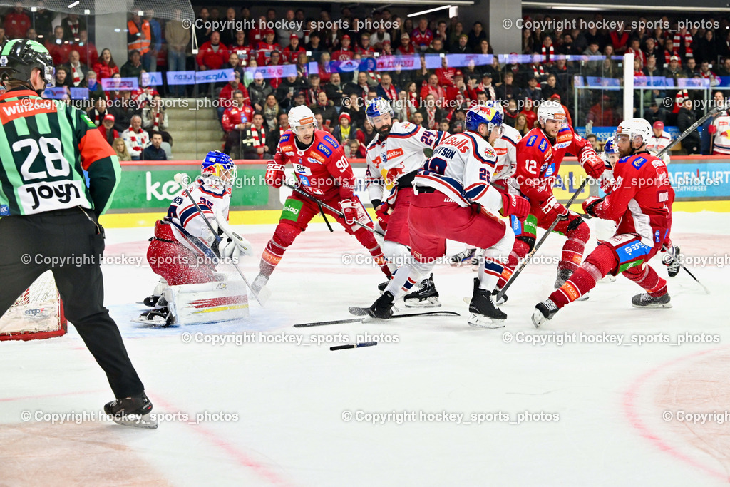 EC KAC vs. EC Red Bull Salzburb | #35 Tolvanen Atte EC RED BULL SALZBURG,  #90 Fraser Matthew EC KAC, #22 Robertson Dennis Eamon EC RED BULL SALZBURG,  #12 Maier David EC KAC, #9 Mursak Jan EC KAC, EC KAC vs. EC Red Bull Salzburb, EC KAC vs. EC Red Bull Salzburb am 04.04.2025 in Klagenfurt (Heidi Horten Arena), Austria, (Photo by Bernd Stefan)