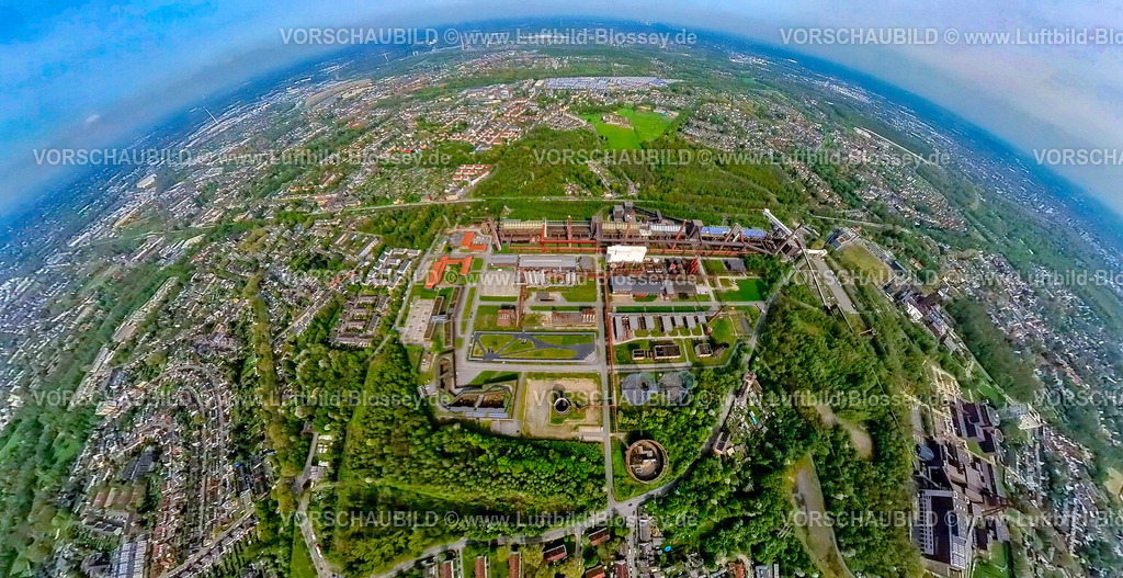 Essen240490047KokereiZecheZollverein | Luftbild, UNESCO-Welterbe Zollverein, Zeche Zollverein und Kokerei, Erdkugel, Fisheye Aufnahme, Fischaugen Aufnahme, 360 Grad Aufnahme, tiny world, little planet, fisheye Bild, Stoppenberg, Essen, Ruhrgebiet, Nordrhein-Westfalen, Deutschland