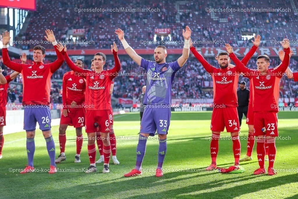1FC23022502300 | 23.02.2025, Fußball, 1. FC Köln - Fortuna Düsseldorf, 2.. Fußball Bundesliga, 23. Spieltag, RheinEnergie-STADION, Saison 2024 2025: Jamil Siebert (Fortuna Düsseldorf #20), Giovanni Haag (Fortuna Düsseldorf #6), Jona Niemiec (Fortuna Düsseldorf #18), Torwart Florian Kastenmeier (Fortuna Düsseldorf #33), Nicolas Gavory (Fortuna Düsseldorf #34), Shinta Appelkamp (Fortuna Düsseldorf #23)DFB regulations prohibit any use of photographs as image sequences and or quasi-video.
