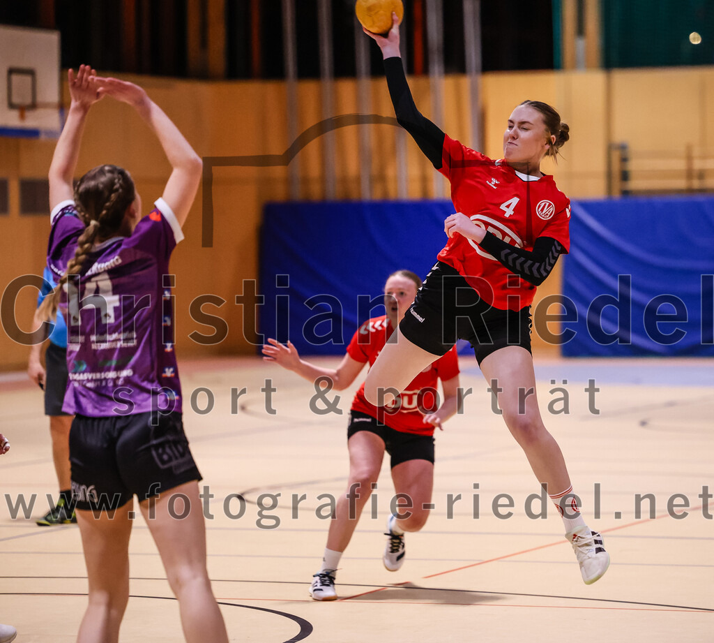 2025-01-18_090_SpVgg_Altenerding_gegen_TV_Altoetting | Erding, Deutschland, 18.01.2025:Handball, Bezirksoberliga Frauen Altbayern 2024 / 2024, 11. Spieltag, SpVgg Altenerding gegen TV Altötting, Endergebnis: 19:24Sophie Lößl (SpVgg Altenerding, #14), Pia Zimmermann (TV Altötting, #4)Foto: Christian Riedel / fotografie-riedel.net