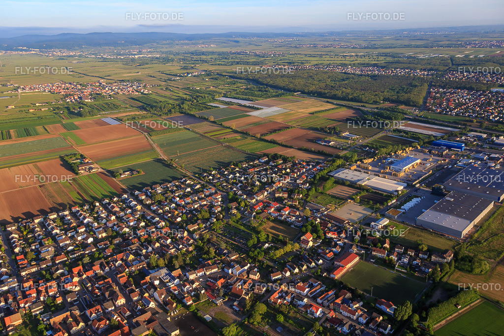 Ortsansicht aus Südosten mit Industriegebiet Industriestraße und FRIGO-TRANS GmbH http://www.frigo-trans.com/ | Luftbild: Ortsansicht aus Südosten mit Industriegebiet Industriestraße und FRIGO-TRANS GmbH http://www.frigo-trans.com/ in Fußgönheim im Bundesland Rheinland-Pfalz in Deutschland. Foto: IMG_088624.jpg vom 20.05.2016 durch Werner Riehm/FLY-FOTO.de - Realisiert mit Pictrs.com