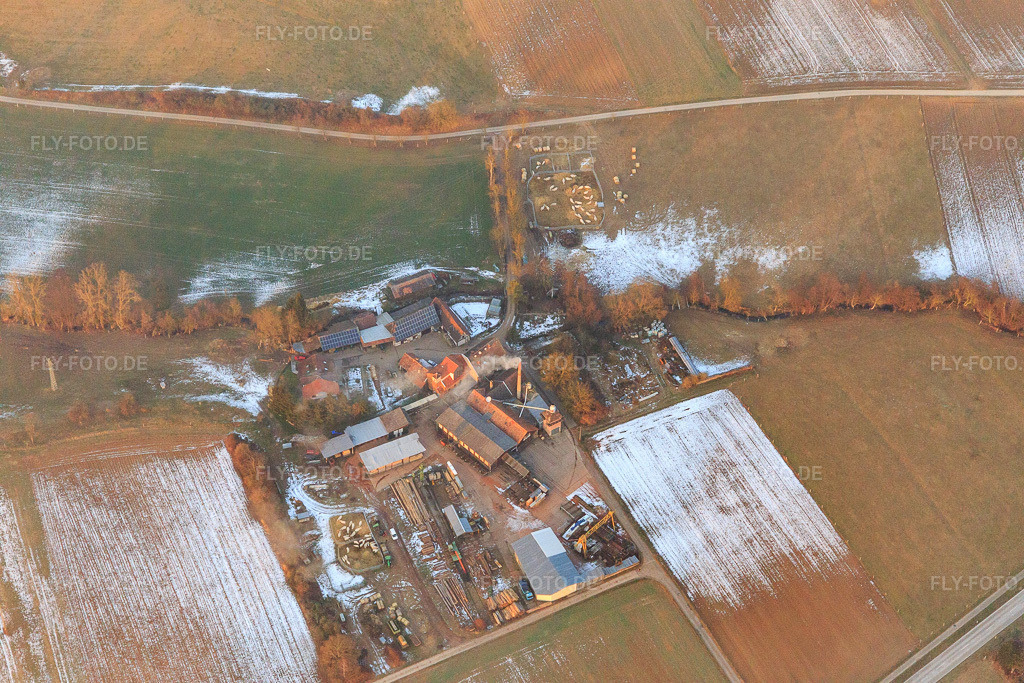 Luftbild: Schaidter Mühle mit Holzwerk ORTH Gerd Sütterlin e.K. aus Südwesten im Winter bei Schnee im Ortsteil Schaidt in Wörth im Bundesland Rheinland-Pfalz in Deutschland. Foto: IMG_096382.jpg vom 21.01.2017 durch Werner Riehm/FLY-FOTO.deHolzwerk-ORTH - in der Region gewachsen